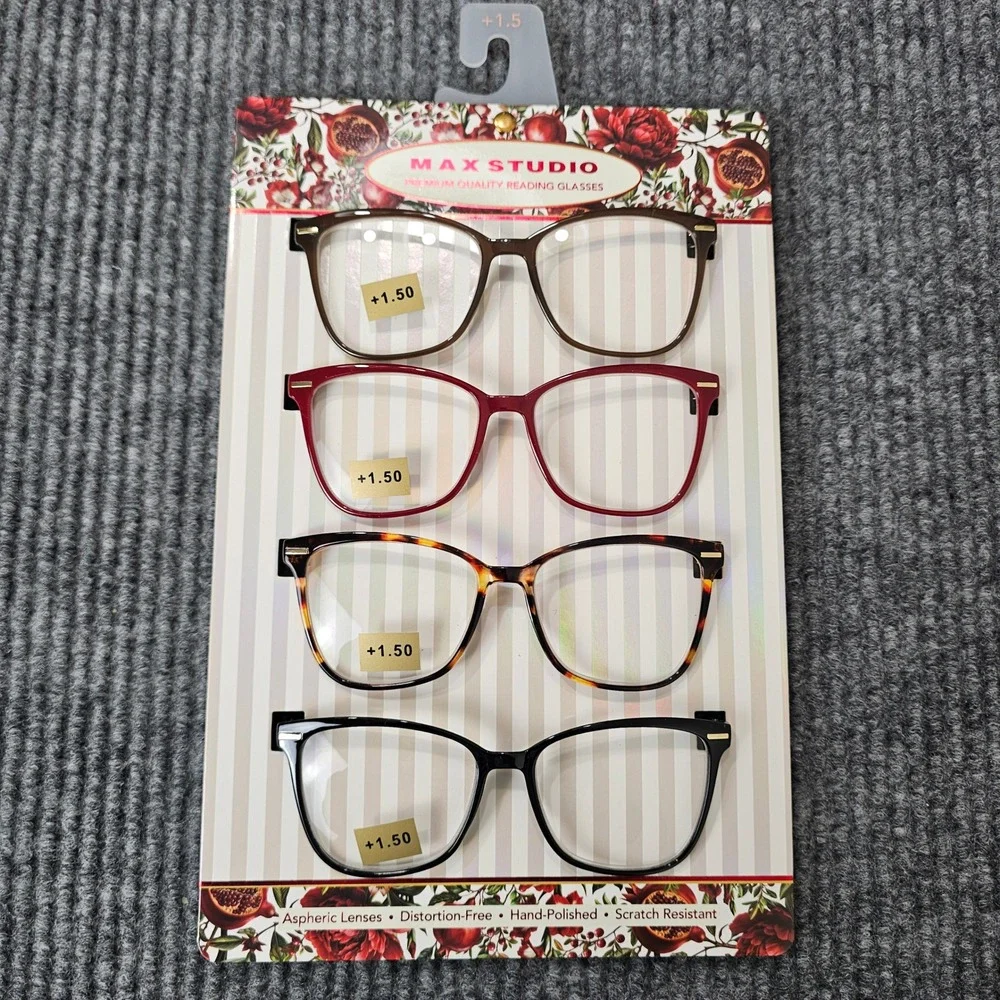 Max Studio Reading Glasses Women +1.50 Multi Square Premium Quality 4-Pack
